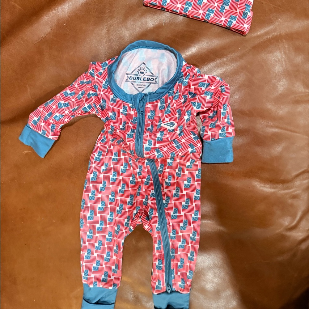 BURLEBO Patriotic Red and Blue Kids Footie with Cap
